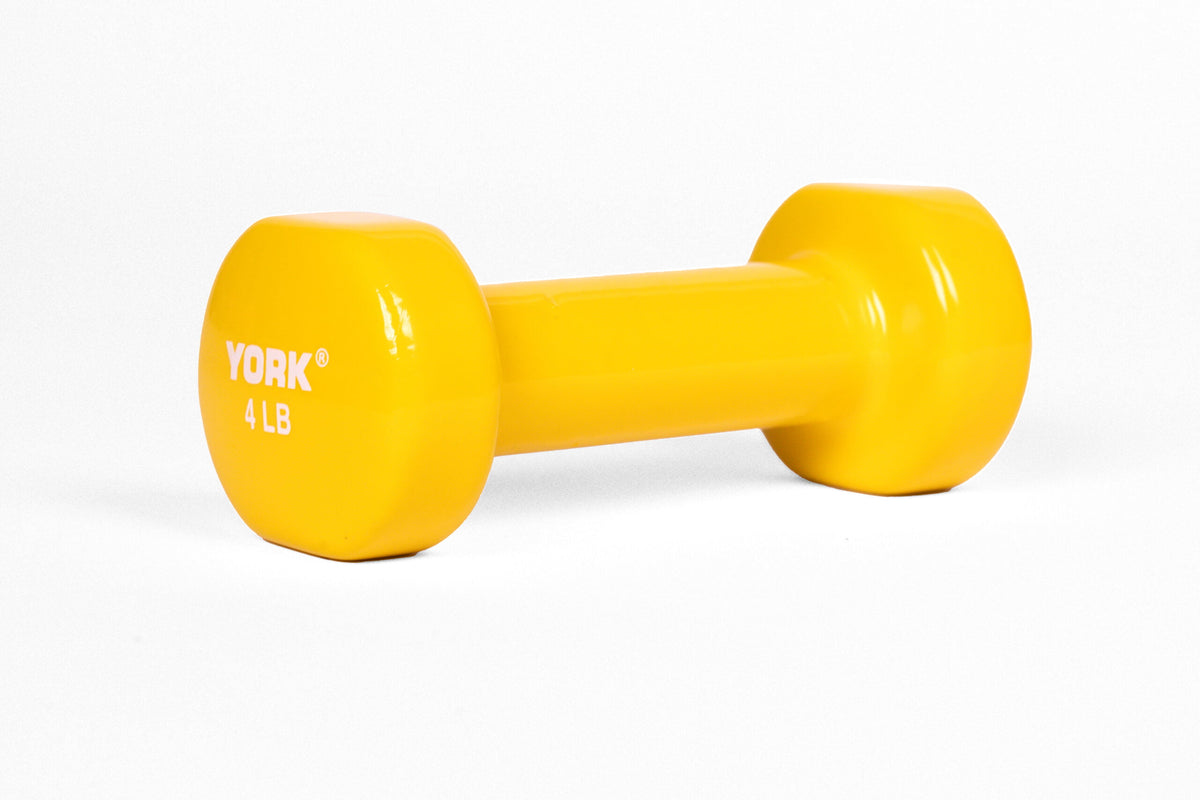 YORK 4 lb yellow vinyl dumbbell - angled view