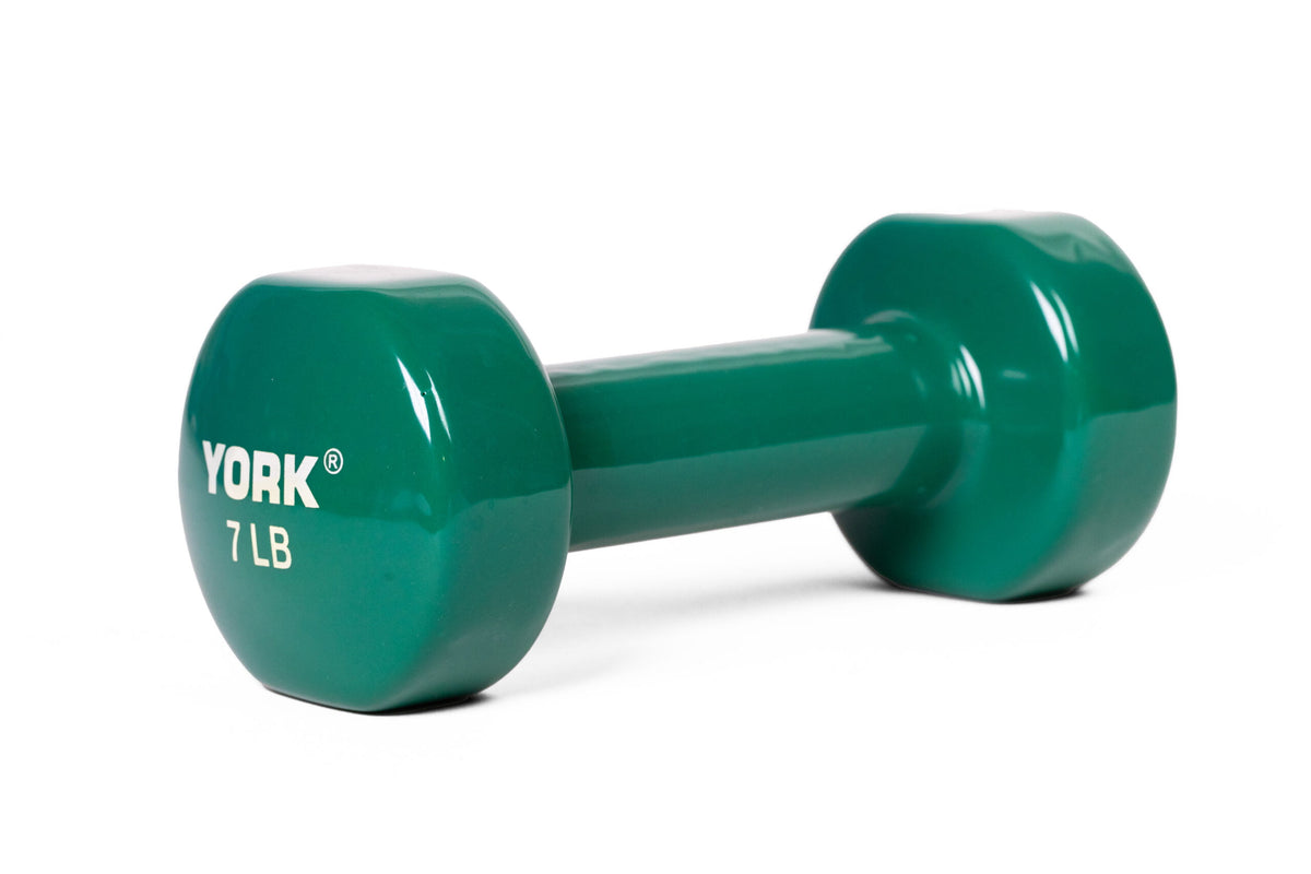 YORK 7 lb green vinyl dumbbell - angled view