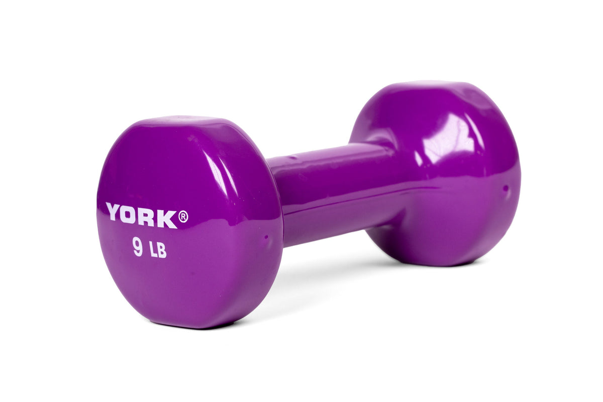 YORK 9 lb purple vinyl dumbbell - angled view