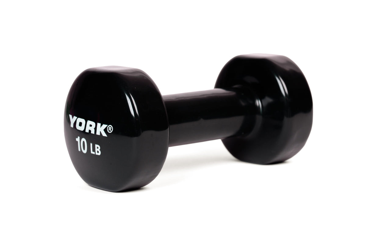 YORK 10 lb black vinyl dumbbell - angled view