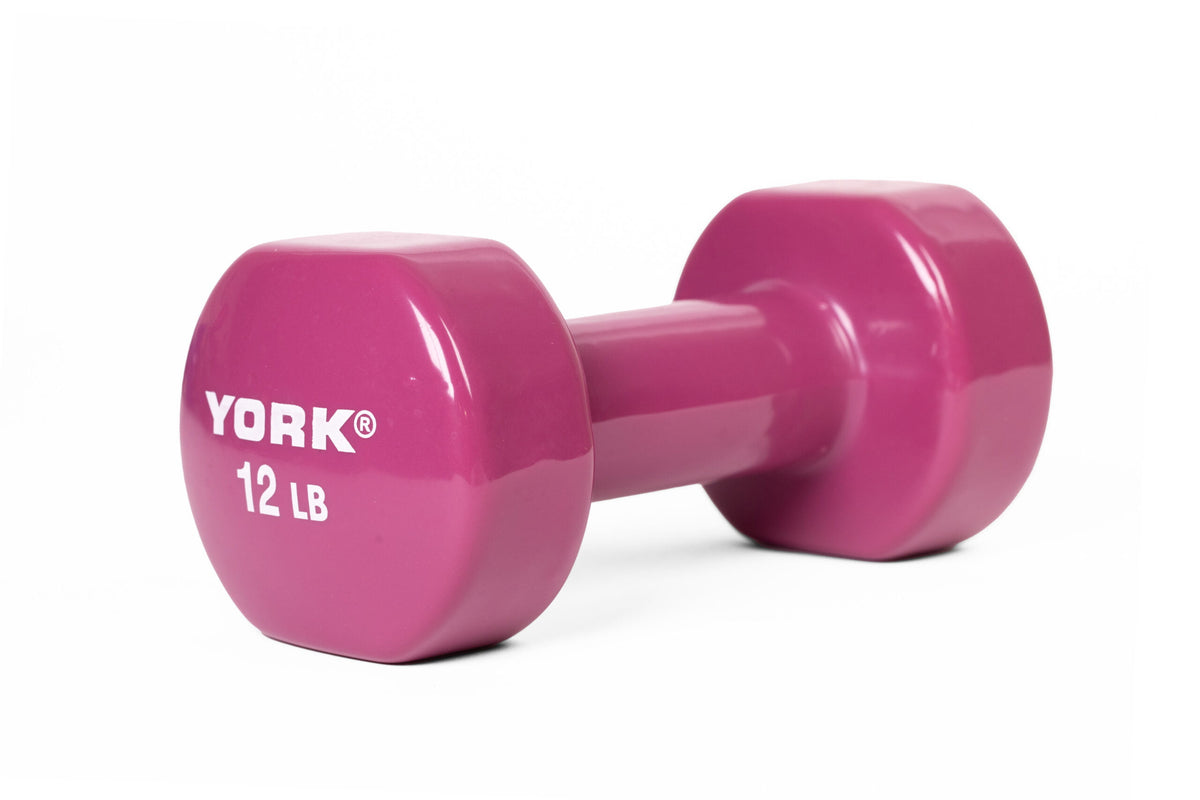 YORK 12 lb Vinyl Dipped Dumbbell - Magenta - angle view