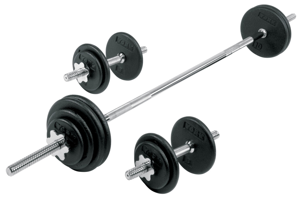 York Barbell Standard 1-Inch Cast Iron Dumbbell / Barbell Spinlock 110lb Set