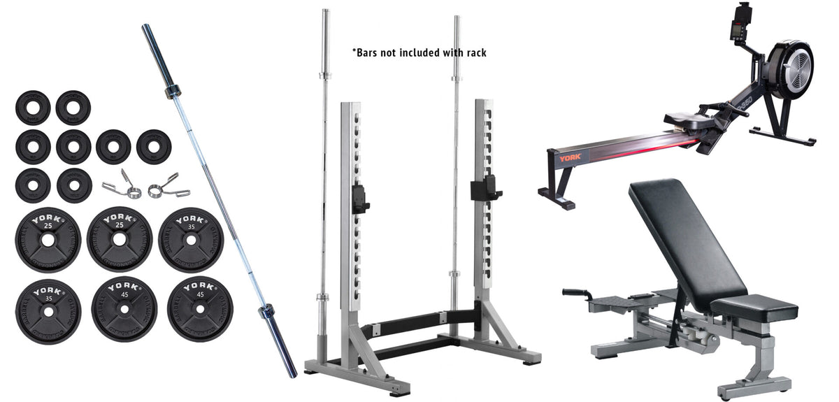 York Barbell 800 LB Weight Plates, Collegiate Rack, 7' Barbell, Multi-Function Bench and Rower Bundle