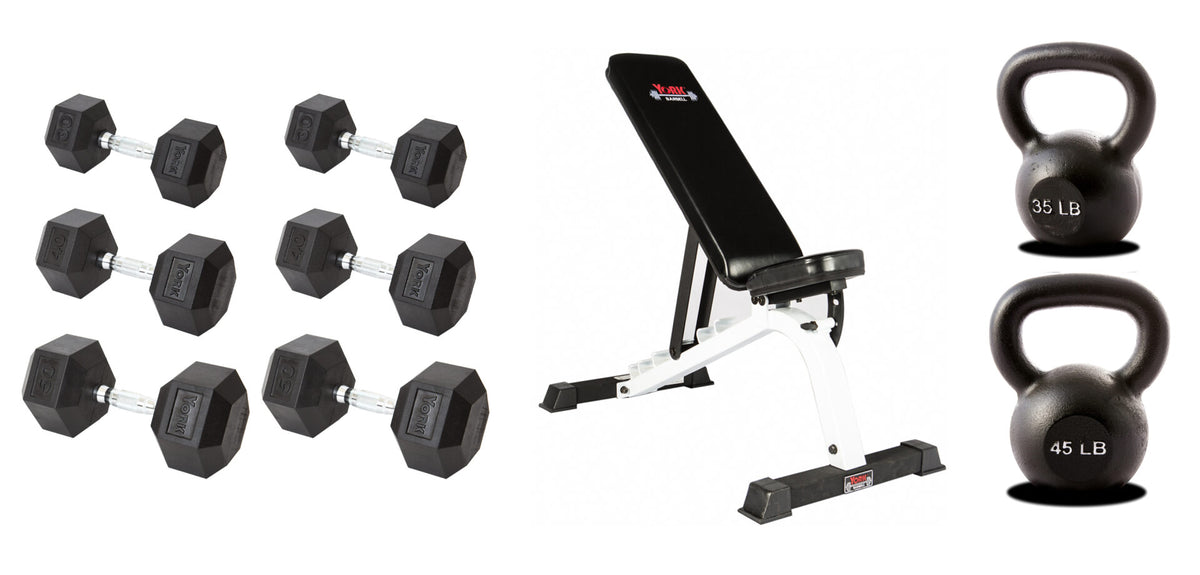 York Barbell 30, 40 &amp; 50 LB 240-Pound Dumbbell Set with 35 LB &amp; 45 LB Kettlebells &amp; Flat to Incline Utility Bench