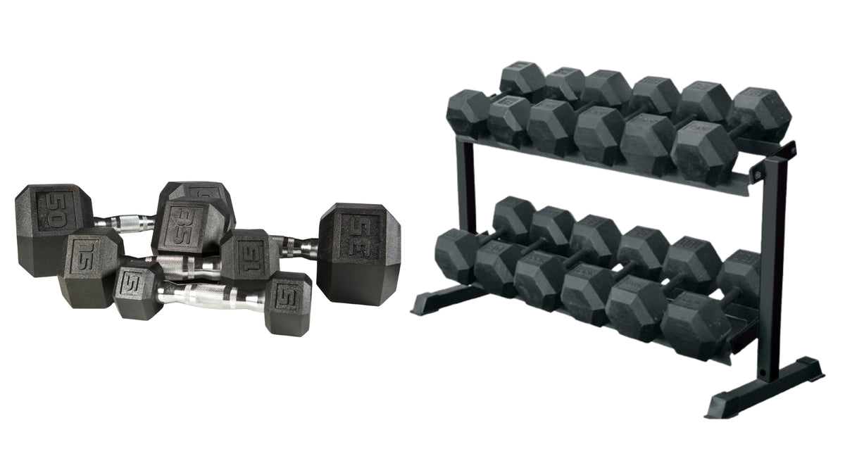 York Barbell 5-50 LB Rubber Hex Dumbbell Set with 3 Tier Rack