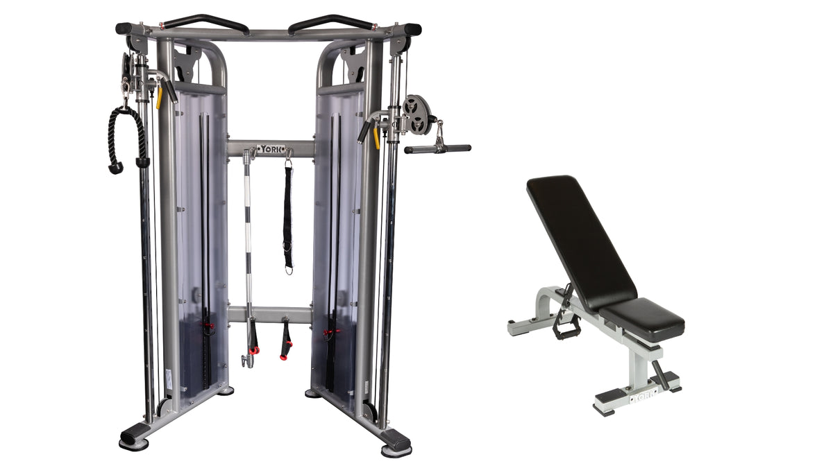York Barbell STS Functional Cable Crossover with Flat-To-Incline Bench
