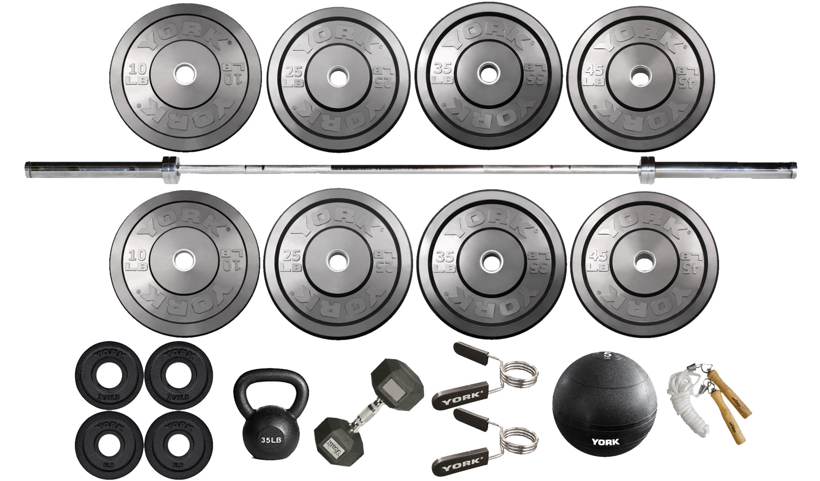 York Barbell Women's Training Bundle with 245 LB Bumper/Olympic Plate Set, Barbell, Slam Ball, Dumbbell, Kettlebell, Skip Rope and Spring Collars