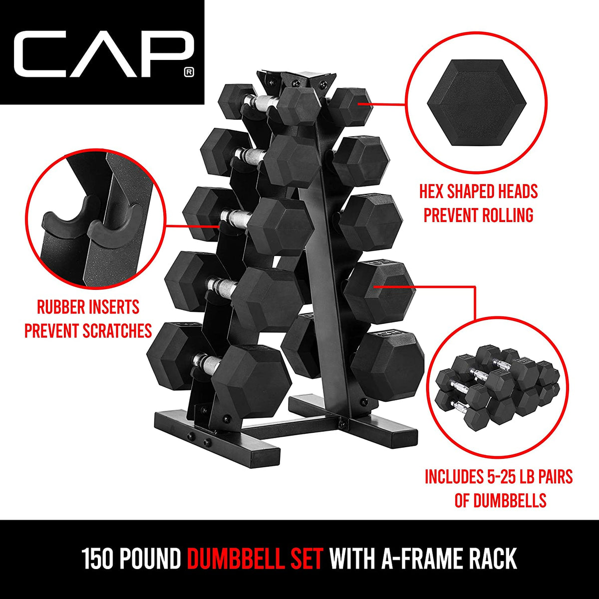 CAP Barbell 5-25 LB Rubber Hex 150 LB Dumbbell Set + 5-Tier Dumbbell Rack